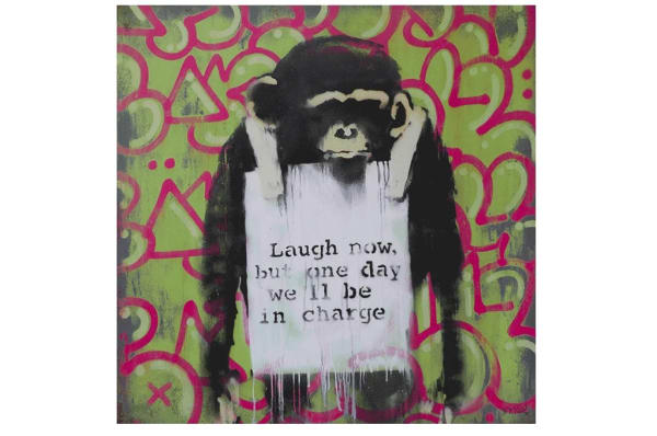 Banksy’s 2008 Laugh Now monkey declares future uprising, rebellion theme through humour.