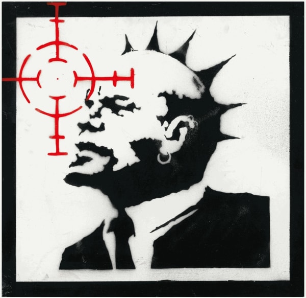 Banksy’s 2004 Lenin in Sight reimagines revolutionary icon in modern dystopian context.