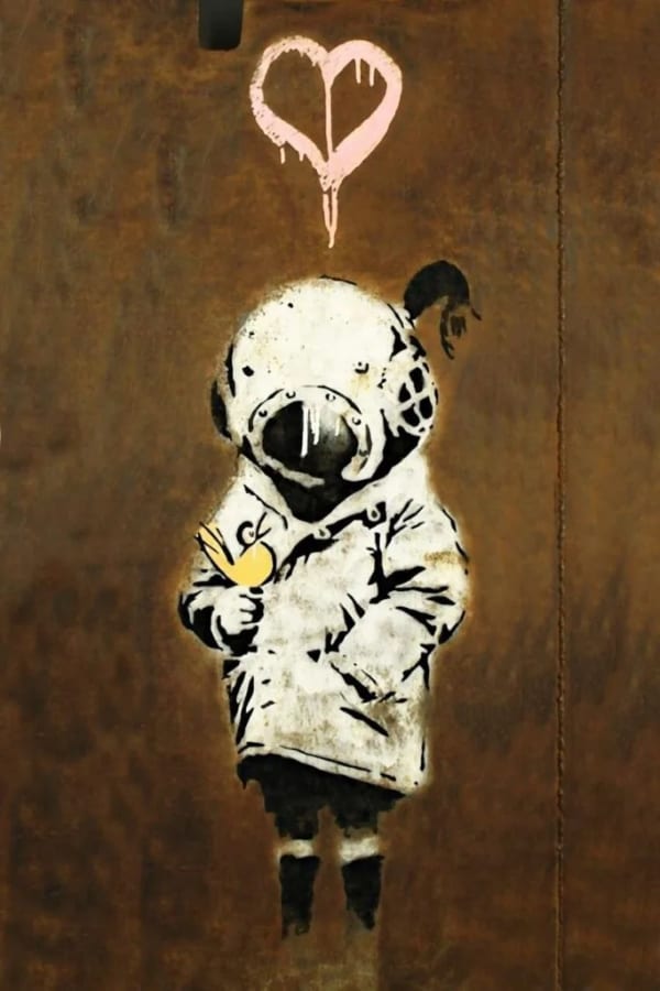 Banksy’s 2003 Space Girl and Bird shows helmeted girl with bird, innocence meets dystopia.