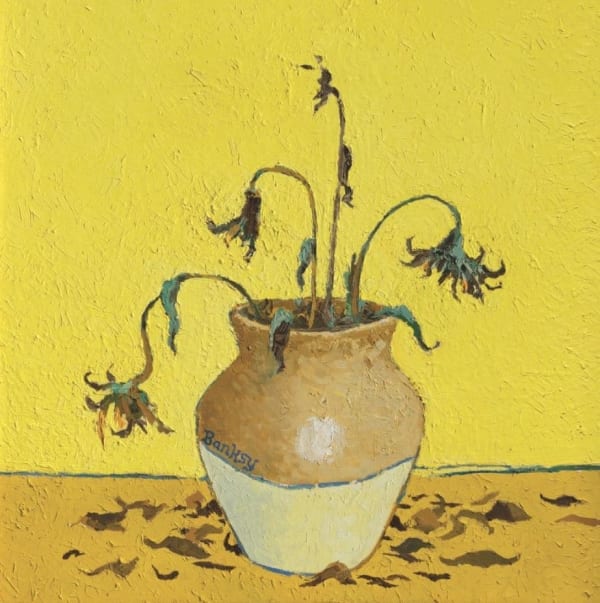 Banksy’s 2005 Sunflowers parody of Van Gogh, wilted flowers as metaphor for industrial decay.