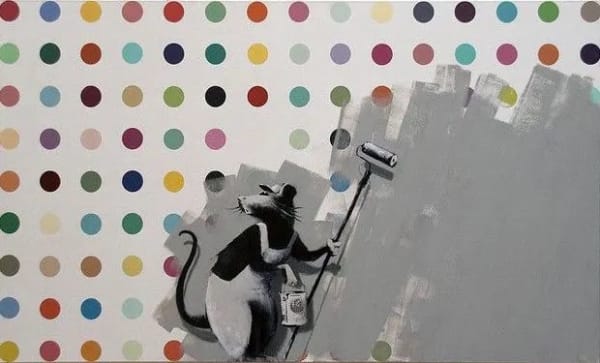 Banksy’s 2009 Rat with Roller mocks art world by defacing Damien Hirst spot painting.