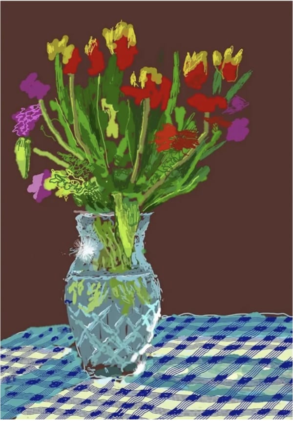 24TH FEBRUARY 2021, RED, YELLOW AND PURPLE FLOWERS ON A BLUE TABLECLOTH, 2021 iPad painting printed on paper 89 x...