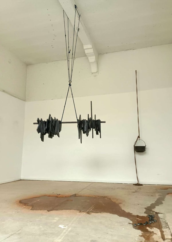 Laurence Petrone, NOUS (Autrefois Toi) / 2022 (graduation, Royal Academy of Fine Arts, Antwerp) stone copper, lead, rope, steel, wood, cast iron, water, sunlight photo: Flor Maesen