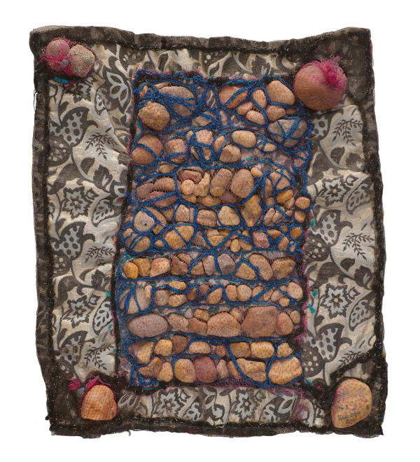 Rocks in Prison, 1993 Mixed media fiber work with rocks 22 x 20 in. (55.9 x 50.8 cm)