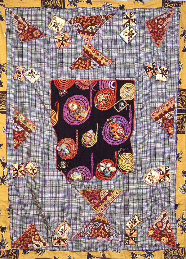 Hourglass, 1984 Cotton and synthetic ground, cotton and metallic embroidery threads, glass beads, plastic and metal objects, rocks 60.5 x 45.5 in. (153.7 x 115.6 cm)