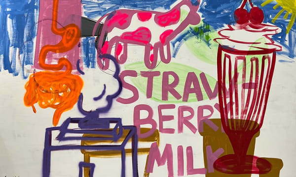 Lama Alshenaifi, Strawberry Cow, 2022 Acrylic paint, emulsion, spray paint, markers and ball pen on cotton canvas 140 cm x 200 cm x 4 cm