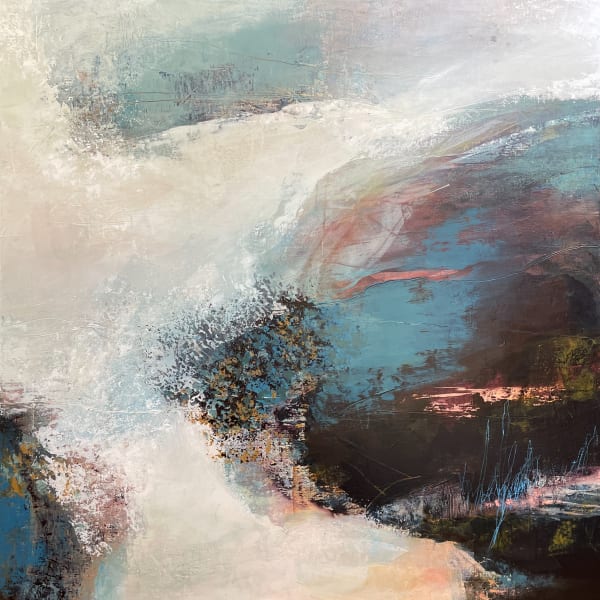 Abstract painting titled "Shifting Between Then and Now" by Kerry Souter, featuring soft blues, whites, and earthy tones with textured brushstrokes.