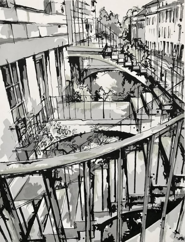 Black and white urban landscape sketch of a street with layered staircases and buildings, titled "Scots Steps."