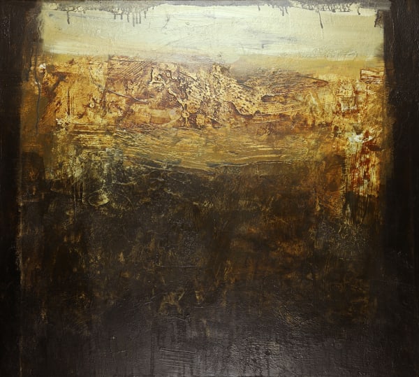 Abstract landscape painting titled "Pilgrimage" with earthy tones and textured layers.