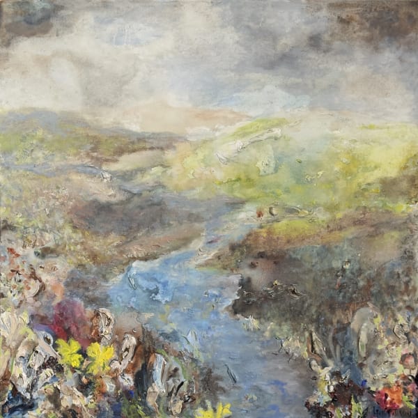 The Promise of Spring by Hatti Pattisson, a landscape painting depicting a vibrant and atmospheric scene with rolling hills, a flowing river, and blooming flowers, in soft, earthy tones with hints of green and yellow.