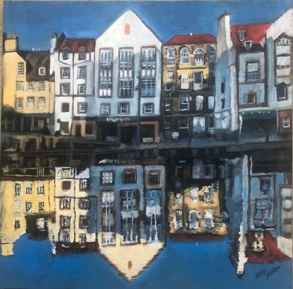 Painting of Leith Shore by Wendy Helliwell, featuring a row of colourful buildings reflected in the water, with blue sky above.