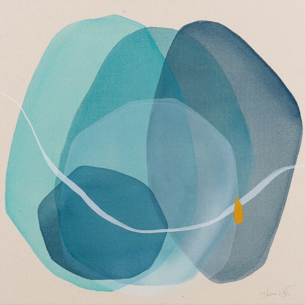 Abstract painting "Rivulet" by Jane Hunter, featuring overlapping shades of blue and teal with a white curving line and a small orange accent.