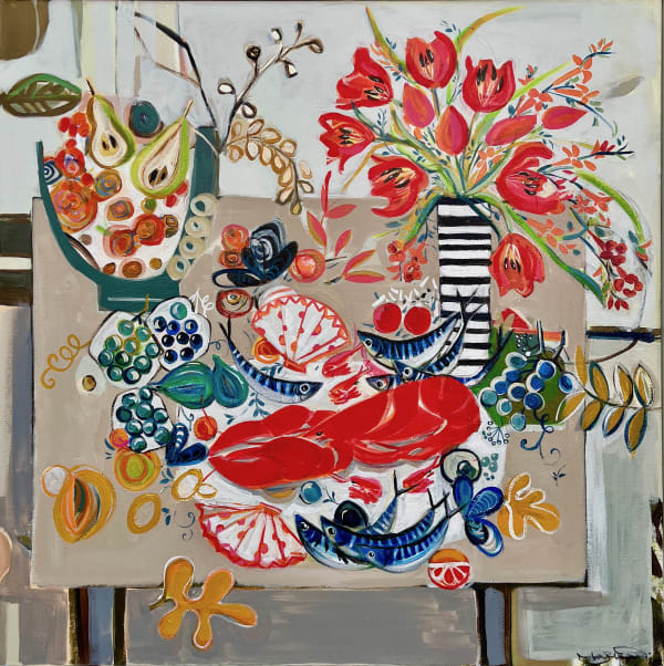 The Celebration by Marissa Weatherhead, vibrant still life with flowers and fruit, bold colours and dynamic composition.