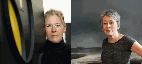 Woman standing indoors; one near a dark artwork with yellow accents, the other by a painting of a stormy seascape.