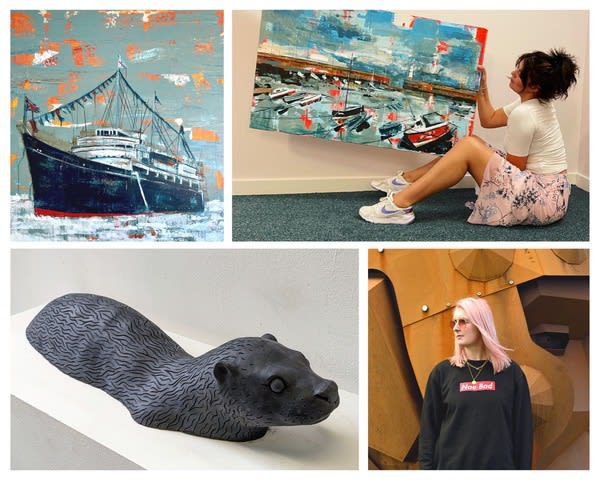 Collage of various artworks and artists at Graystone Gallery, Edinburgh, featuring a ship painting, a marina scene, a black animal sculpture, and an artist with pink hair.