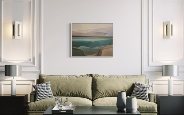 Elegant living room interior with a modern landscape painting on the wall, featuring geometric shapes and earthy tones, complemented by a plush green sofa and stylish decor elements.