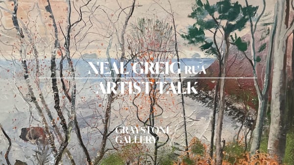 Painting by Neal Greig RUA featuring a landscape with trees and a distant view of water, showcasing an impressionistic style with earthy tones and vibrant greens.