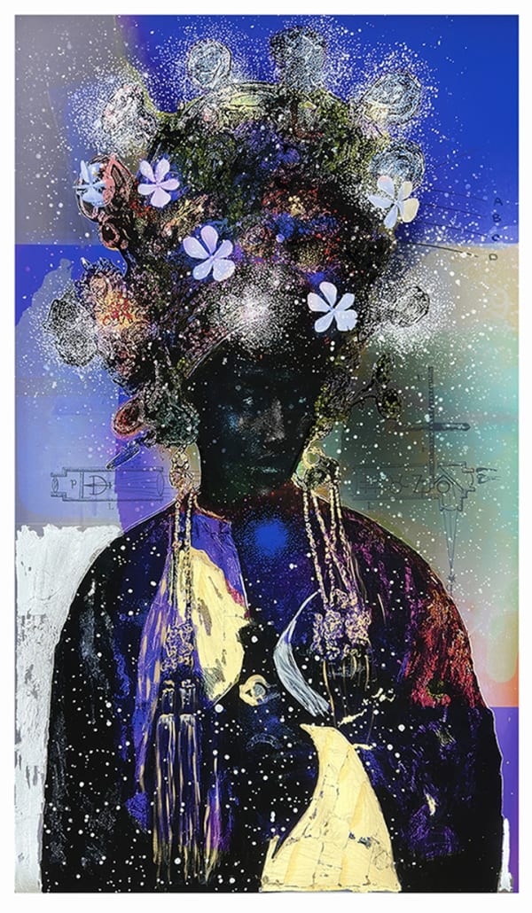 Colourful abstract portrait by Gill Walton and Rebekah Tolley-Georgiou featuring a figure with a decorated headdress, vibrant blues, purples, and splashes of white.