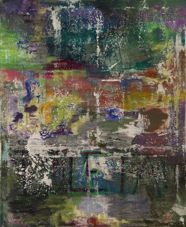 Brian De Jesus El Bajo mundo (The underworld), 2024, Oil paint, pastels, sticks, Acrylic, PVA glue, tile adhesive, dirt and betting slips on canvas 150 x 122cm (59x48in)