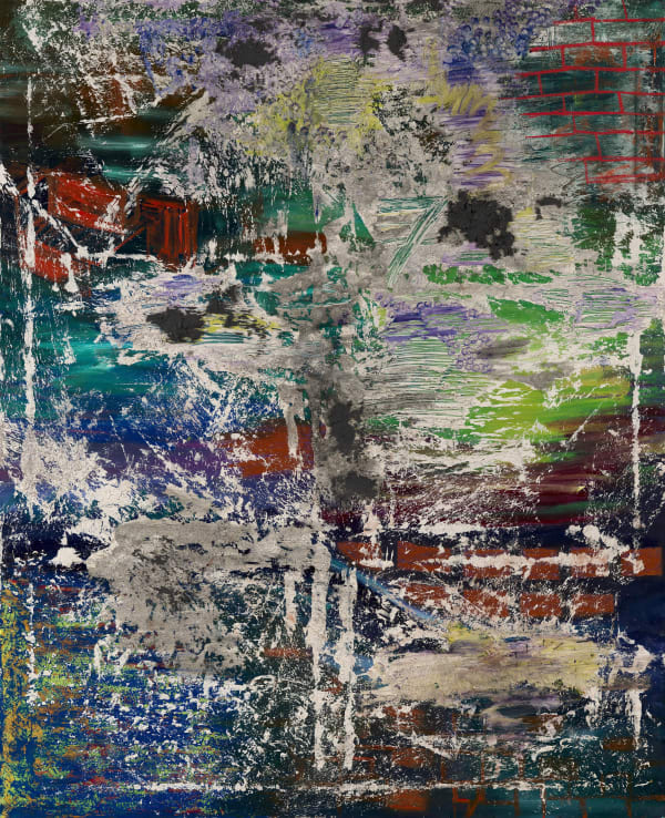 Brian De Jesus La Luz a final del tunel (The Light at the end of the tunnel), 2024, Oil paint, pastels, sticks, Acrylic, PVA glue, tile adhesive and dirt on canvas, 150 x 122cm (59x48in)