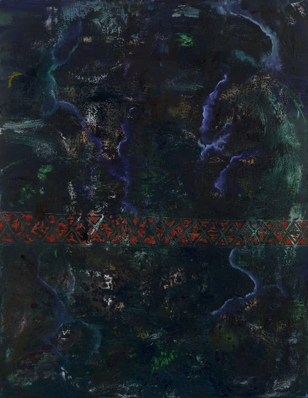 Brian De Jesus Long shift, overnight. 2024, Oil paint, oil sticks, Spray paint, tile adhesive, and dirt on canvas, 180 x140cm (70x55 1/8 in)