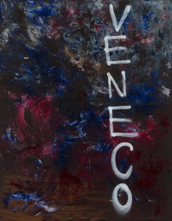 VENECO, 2024, Oil paint, Spray paint, tile adhesive, betting slips and dirt on canvas 180 x140cm (70 x 55 1/8 in)