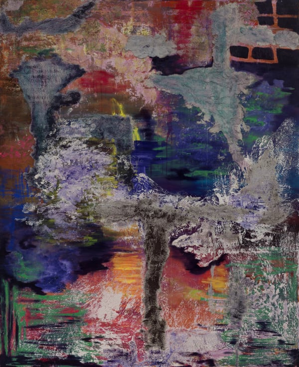 Brian De Jesus Within Worlds, 2024, Oil paint, pastels, sticks, Acrylic, PVA glue, concrete, fibre, tile adhesive and dirt on canvas, 150 x 122cm (59x48in)