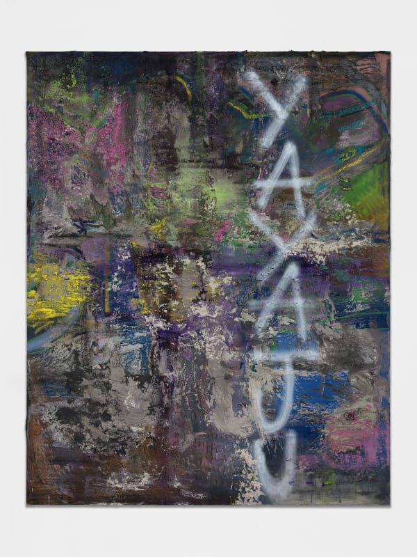 Brian De Jesus Grito de Guerra (War cry), 2024, Oil paint, pastels, sticks, spray paint betting slips, PVA glue, concrete, tile adhesive and dirt on canvas in aluminum frame, 200 x 160cm (78x63in)