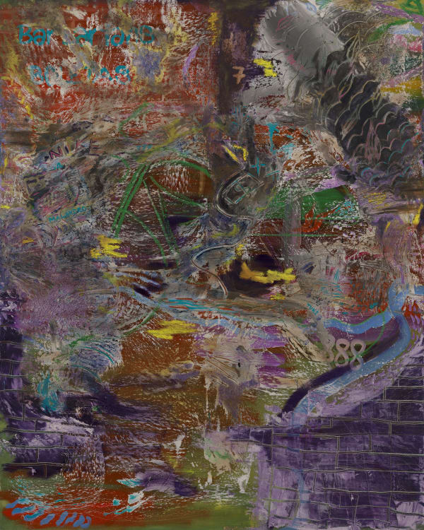 Brian De Jesus La Selva de Cemento (The Cement Jungle), 2024, Oil paint, pastels, sticks, PVA glue, concrete, tile adhesive and dirt on canvas in aluminum frame, 200 x 160cm (78x63in)