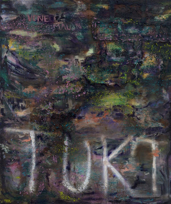 Brian De Jesus Tuki, 2024, Oil paint, oil sticks, tile adhesive, concrete and dirt on canvas, 120 x100cm (47x39in)