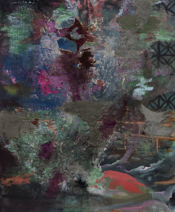 Brian De Jesus Mientras más lejos, más cerca. (The further away, the closer), 2024, Oil paint, oil sticks, tile adhesive, betting slips and dirt on canvas, 120 x100cm (47x39in)