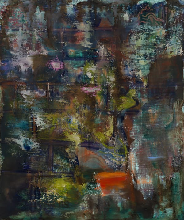 Brian De Jesus Last Night 2024, Oil paint, oil sticks, tile adhesive, concrete and dirt on canvas, 120 x100cm (47x39in)