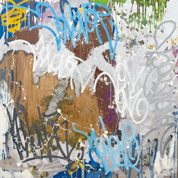 LONDON IS CALLING 100 x 100 cm, 2023 acrylique, spray et encre sur aluminium acrylic, spray paint and ink on aluminium 16 000 euros
