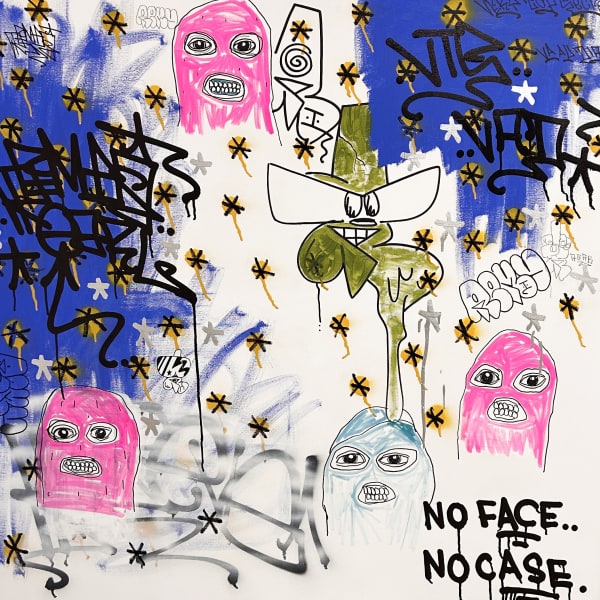 Jc Earl & Remio "No Face, No Case" 128 x 128 cm, 2025 spray et acrylique sur toile - spray paint and acrylic on canvas 3500 €