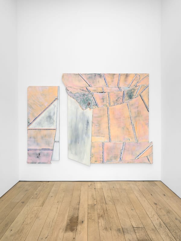 Nicolas Roggy Locked, 2024 gesso, acrylic and medium paint, pigments on aluminum 2 parts: 82 5/8 x 78 3/4 in 210 x 200 cm 70 7/8 x 27 1/2 in 180 x 70 cm