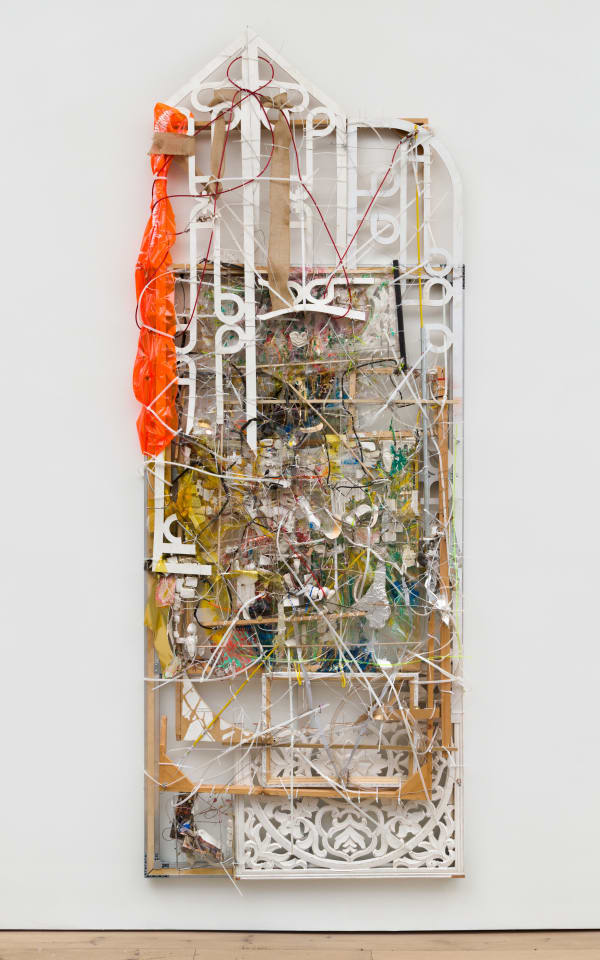 Robert Bittenbender Church Street, 2023 MDF, wood, metal, plastic, latex & fiber on aluminum stretcher 135 1/2 x 51 x 8 in 344.2 x 129.5 x 20.3 cm
