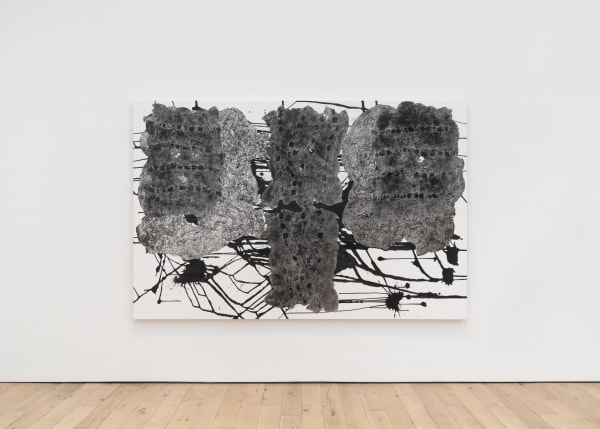 Pure, 2022 Permanent ink, aluminum foil and etching ink on canvas 72 x 110 in 182.9 x 279.4 cm