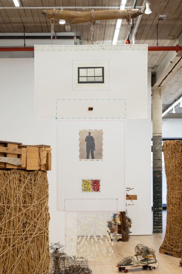 Arthur and Lucy, Parts One and Two, 2020 Artist’s hair, Lucy Fradkin’s hair, rope, wood, screws, wire, paper, photographs, thread, pencil, aluminum, silver point, acetate, acrylic markers, tape, mylar, and glue 92 x 40 1/4 x 4 1/2 in 233.7 x 102.2 x 11.4 cm