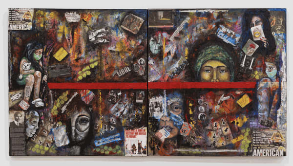 Gilberto Rivera A fist full of tears, 2021 Acrylic, graphite collage, newspaper, spray paint, industrial adhesive, mixed media each: 54 x 42 inches