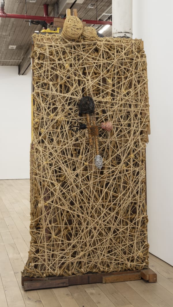 Arthur Simms Ego Sum, Portrait of Arthur Simms as a Junk Collector, 1994 Rope, wood, glue, wire, screws, metal, charcoal, markers, pen, pencil, ice skates, horn, paper, photos, felt, bell, artist’s fingernails, and toys 115 x 56 x 50 in 292.1 x 142.2 x 127 cm