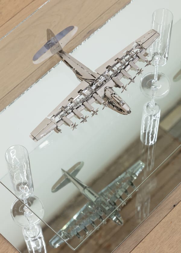 i’ll go on losing millions it’s just what i do, 2020 glass, mirror, Crate and Barrel champagne glasses, Timeformachine Heavenly Hercules model airplanes 15 x 120 x 16 inches