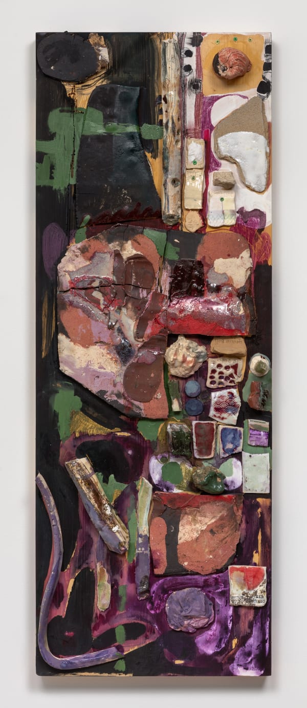 Mate Guarding, 2019 glazed ceramic, acrylic, oil, pencil on wood 54 1/4 x 20 x 5 1/2 inches