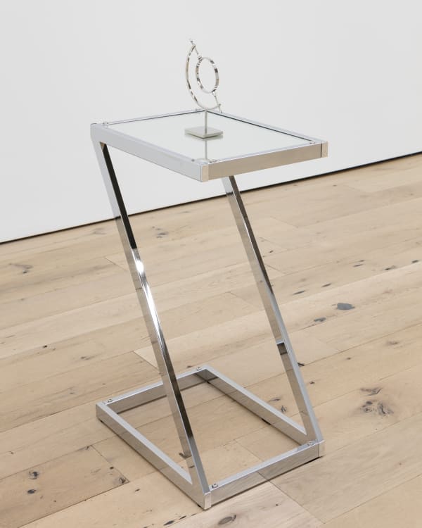Kayode Ojo Untitled, 2018 Metal Masters Co. 1.25 Carat Round Brilliant Cubic Zirconia CZ Sterling Silver 925 Wedding Engagement Ring, Chrome Caliper Stands CC-5 Nickel Plated, Acme Furniture Acme 81822 Laina Side Table, Mirror & Chrome 30 x 15 1/2 x 11 1/2 in 76.2 x 39.37 x 29.21 cm