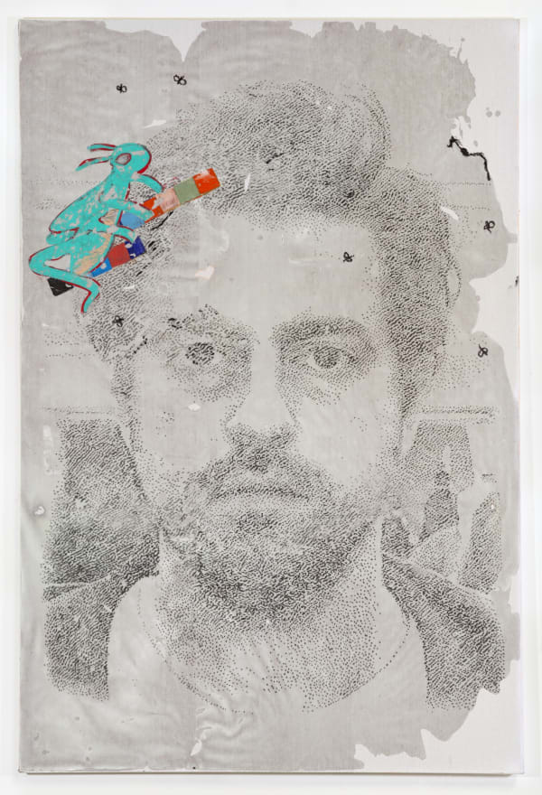 JPW3 self portrait with grasshopper, 2018 Charcoal, oil pastel, and wax on canvas 72 x 48 in 182.9 x 121.9 cm