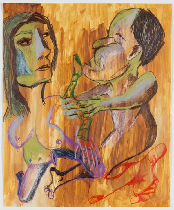 Sofi Brazzeal Untitled (two figures with flute), 2016 ink and color pencil on paper 17 x 14 inches