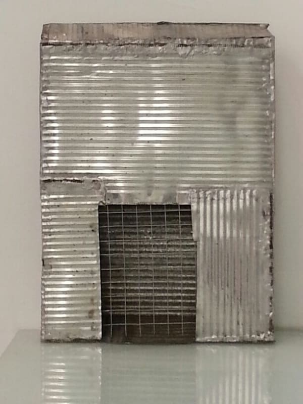 Kate Levant abduction [to kidnap/or/monocular rotation of th' eye toward th' temple], 2013 tin, solder and chickenwire 11 1/2 x 8 1/4 x 1 1/2 inches