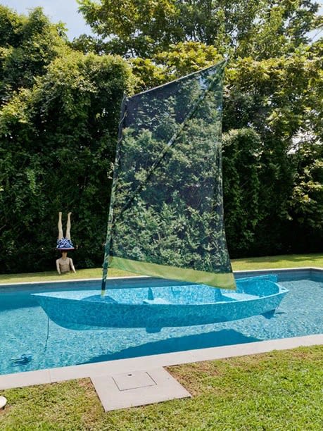 Aaron Suggs Untitles (Camouflage Dinghy), 2011-2012 plywood, fiberglass, epoxy resin, paint, vehicle wrap vinyl, inkjet on polyester, rope, stainless steel boat hard ware 120 x 54 x 120 inches