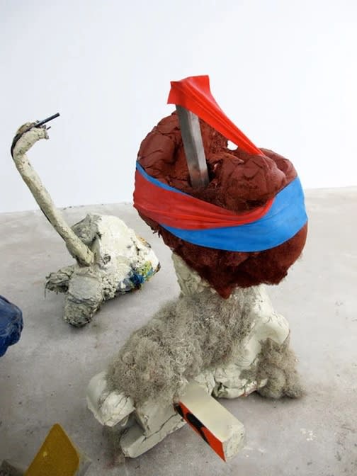 Jo Nigoghossian Stomps, aka Spito, 2011 cast concrete, wood, spray paint, fake hair, steel, elastic, burlap 47 x 31 x 25 in