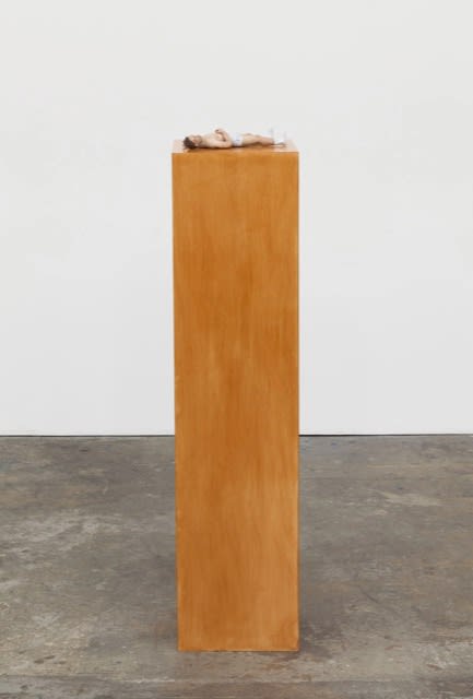 ERIC WESLEY New Realistic Figures (Sleeping): Gilles, 2009/2015 Paint and plastic on stained maple pedestal Figure: 3 1/2 x 8 1/2 x 14 in (8.9 x 21.6 x 35.6cm) Pedestal: 56 x 11 1/2 x 11 1/2 in (142.2 x 29.2 x 29.2cm)