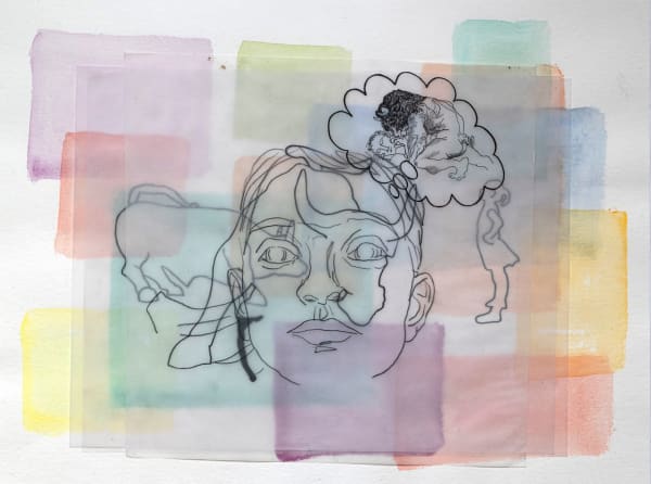 Aura Rosenberg You Fight With An Image That I Do Not Recognize As Mine, 2020 Watercolor, pencil, marker on vellum and watercolor paper 12 1/8 x 17 in 30.8 x 43.2 cm